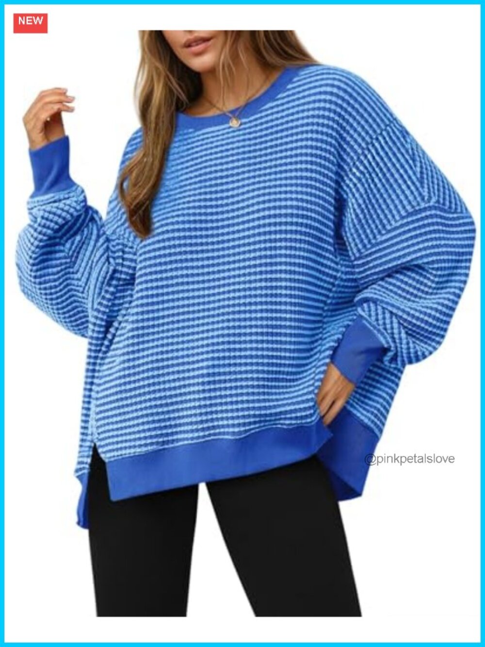 Oversized Waffle Knit Sweatshirt Crewneck Split Tunic Pullover